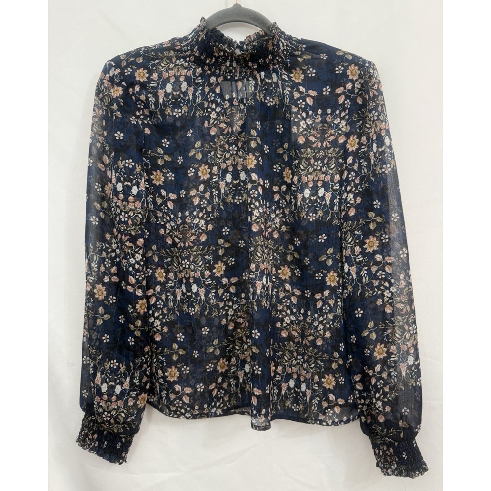 NWT Catherine Malandrino Navy Sheer Floral Mock Neck Blouse Top Womens Size M‎